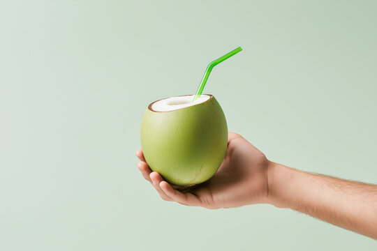 Hand holding a fresh green coconut with a straw on a pastel background