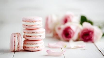 Pink and white macarons, placed on a clean white wooden surface, give off a romantic vibe, perfect for Valentine's Day, special events, and dessert offerings.