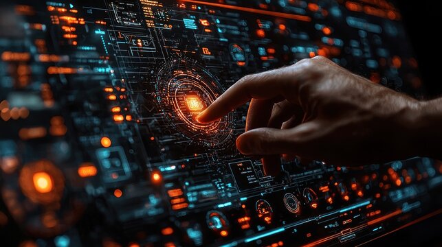 Hand interacting with futuristic digital interface