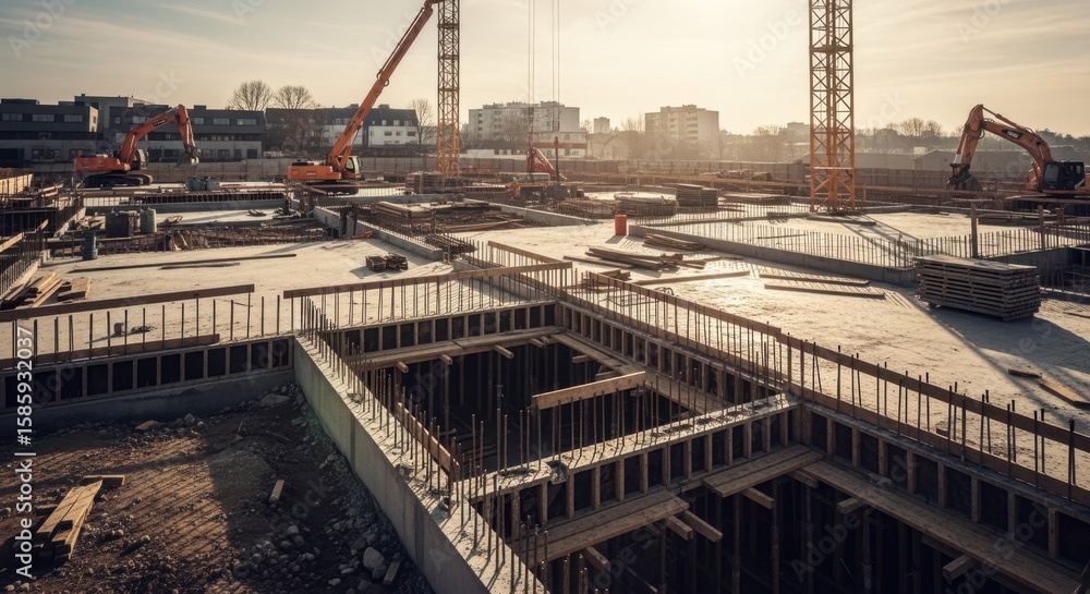 Poster rapid progress of concrete foundations and floors with detailed view of scaffolding and heavy machin