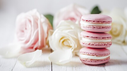 Pink and white macarons, placed on a clean white wooden surface, give off a romantic vibe, perfect for Valentine's Day, special events, and dessert offerings.