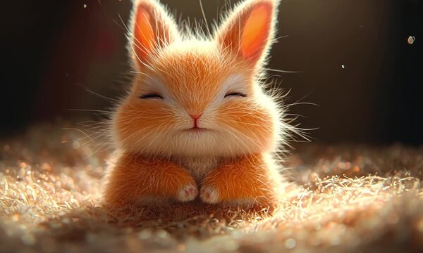 Adorable orange bunny rabbit with fluffy fur and closed eyes, cute ginger baby hare smiling in warm sunlight, cinematic macro of a tiny pet animal
