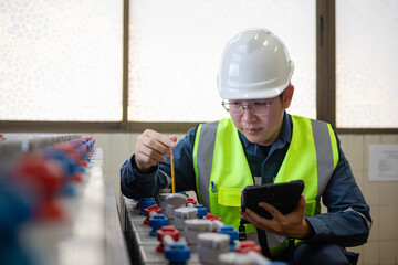 Engineer wearing safety helmet and reflective vest performing inspection on stationary battery in...