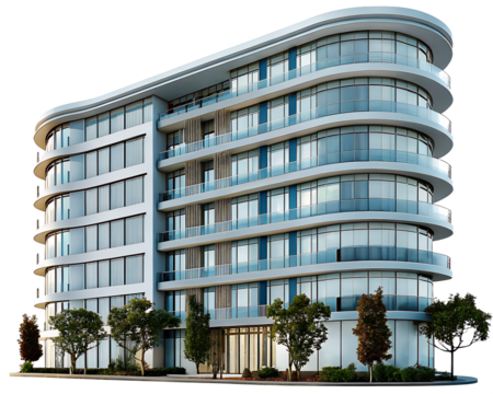 3D modern high-rise office building with clean architectural design isolated on transparent background.png