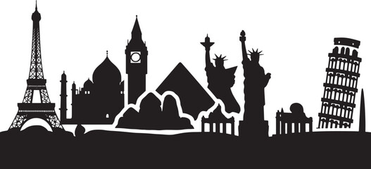 Obraz premium Global Landmarks Silhouette Panorama A Journey Across Continents Iconic Structures World Travel Destinations Cultural Heritage