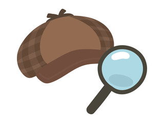 調査する時に使える探偵帽子と虫眼鏡のシンプルイラスト