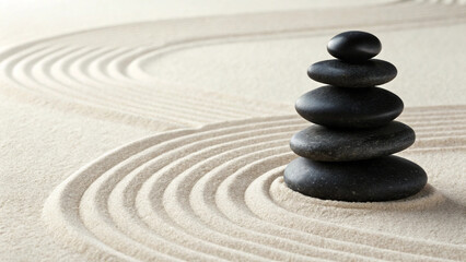 Stack of Smooth Black Zen Stones on Beige Sand with Soft Natural Light – Minimal Spa, Meditation, and Wellness Background Concept