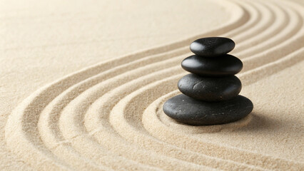 Stack of Smooth Black Zen Stones on Beige Sand with Soft Natural Light – Minimal Spa, Meditation, and Wellness Background Concept