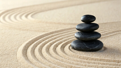 Stack of Smooth Black Zen Stones on Beige Sand with Soft Natural Light – Minimal Spa, Meditation, and Wellness Background Concept