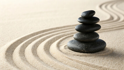 Stack of Smooth Black Zen Stones on Beige Sand with Soft Natural Light – Minimal Spa, Meditation, and Wellness Background Concept