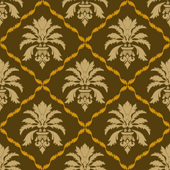 Brown Gold Damask Wallpaper Pattern Vintage Baroque Ornamental Design Classic Damask Wallpaper Elegant Victorian Decorative Damask Wallpaper Seamless Repeat