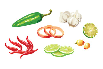 Photorealistic Spicy Food Ingredients Vector Set. Realistic Chili, Garlic, and Onion with Gradient Mesh Shading