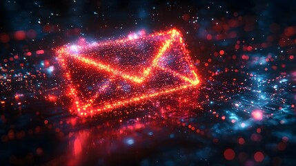 Glowing neon email icon with shimmering light trail