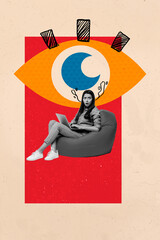 Collage of person standing under symbolic eye representing control surveillance spying manipulation...
