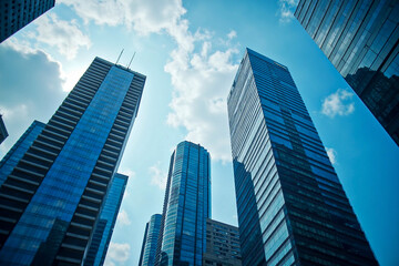 Obraz premium Modern skyscrapers of glass and steel reflect the Shanghai sky, forming a striking urban business skyline