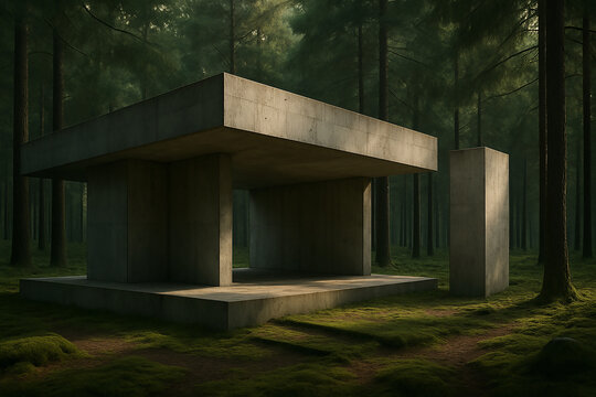 Brutalist architectural renderings, where concrete merges with natural landscapes.