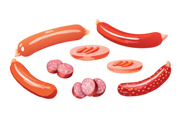 Photorealistic Sausages Vector Icon Set. Realistic Grilled Bratwurst and Smoked Sausage with Gradient Mesh Shading