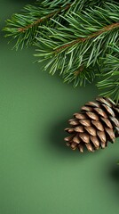 Elegant Pine Branch and Cone on Green Background Natural Christmas Decoration Concept