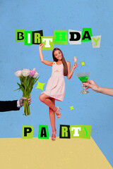Zine vertical image photo art collage of happy girl dance birthday party cocktail hand offer tulips...