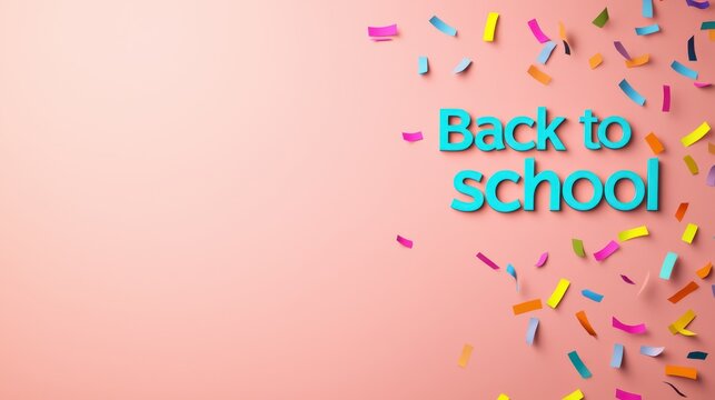 Colorful confetti surrounds the text "Back to school" on a soft pink background, creating a festive and welcoming atmosphere.