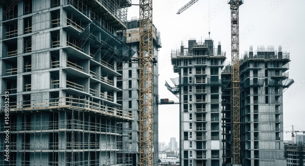 Poster dynamic scaffolding framework surrounding multistory concrete buildings during early construction ph