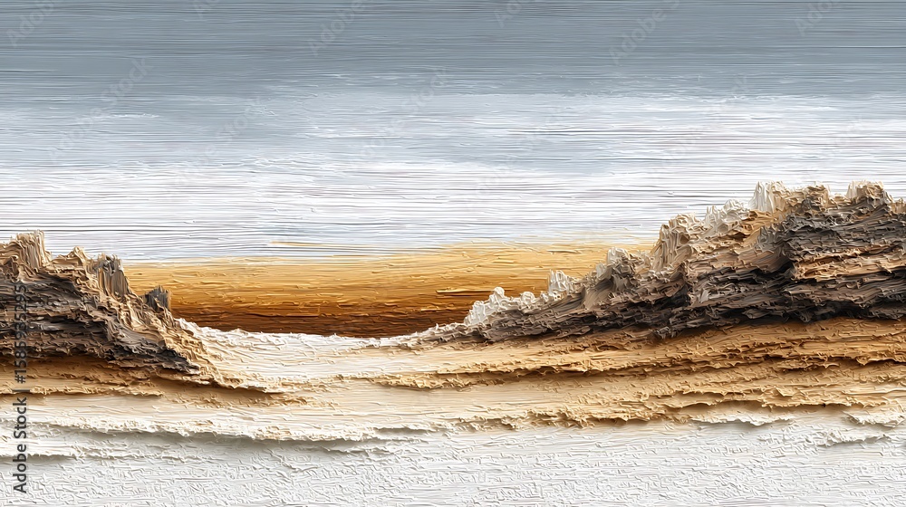 Poster a minimalist abstract wall with wide horizontal beige and white acrylic blot patterns, dry brush tex