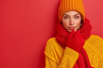 Young woman in colorful winter attire poses against a bright red background during a cozy seasonal photo shoot