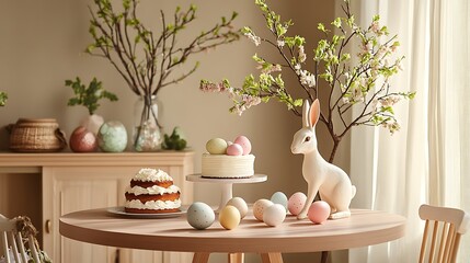 Elegant Easter Table Arrangement with Bunny, Cakes, Decorated Eggs and Blossoming Branches