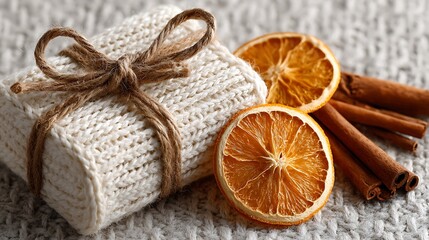 Simple white gift box with twine and citrus on white  
