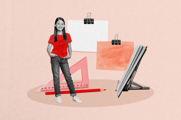 Poster image artwork pop collage of happy preteen girl stand homework education supplies book ruler...