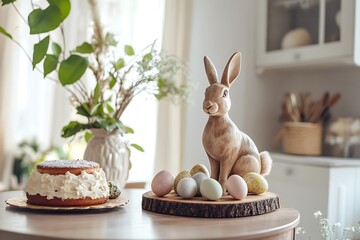 Elegant Easter Still Life Bunny, Cake, and Decorated Eggs on Kitchen Table Setting
