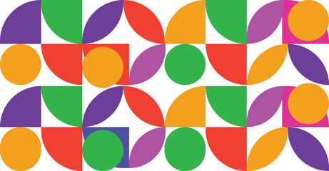 abstract geometric shapes, colorful circles and triangles, vibrant color palette, repeating pattern, modern minimalist design, dynamic composition, retro 1970s aesthetic, 