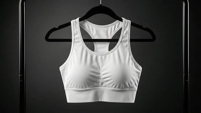 Sleek White Athletic Sports Bra on Hanger Against Dark Background for Fitness Apparel Display