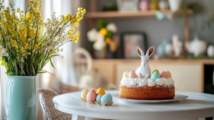 Easter Cake with Bunny Topper, Decorative Eggs, and Yellow Flowers on a Table