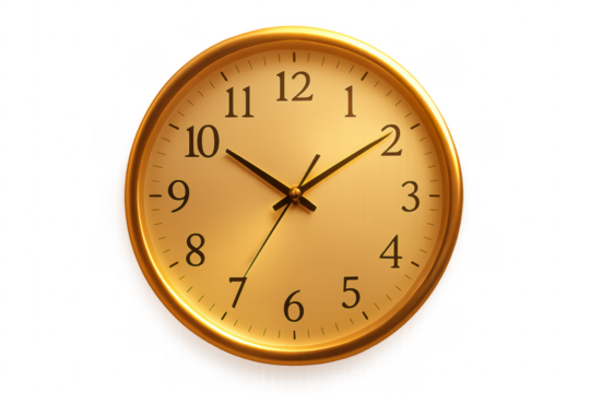 Golden clock showing time against transparent background