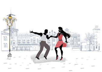 Beautiful romantic couple in passionate Latin American dances. Salsa festival. Hand drawn poster background.