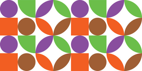 Geometric pattern, retro design, vibrant colors, orange yellow purple, quarter circles, abstract composition, vintage style, symmetrical layout, mid-century modern, minimalist shapes,	