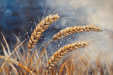 Droplets cling to golden wheat stalks against a painterly blue and grey sky background