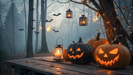 Spooky Halloween Scene in Foggy Forest with Jack-o'-lanterns and Lanterns