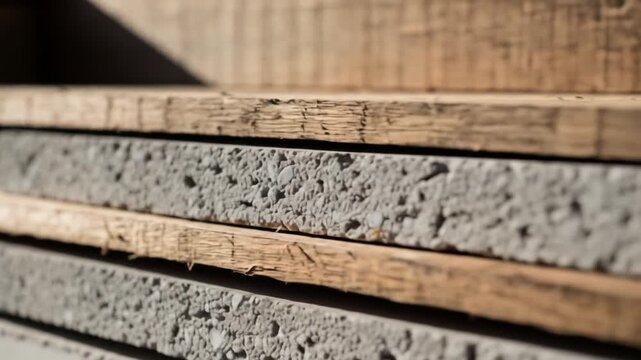 Close-up Video of Stacked Concrete and Wood Planks with Textured Surfaces