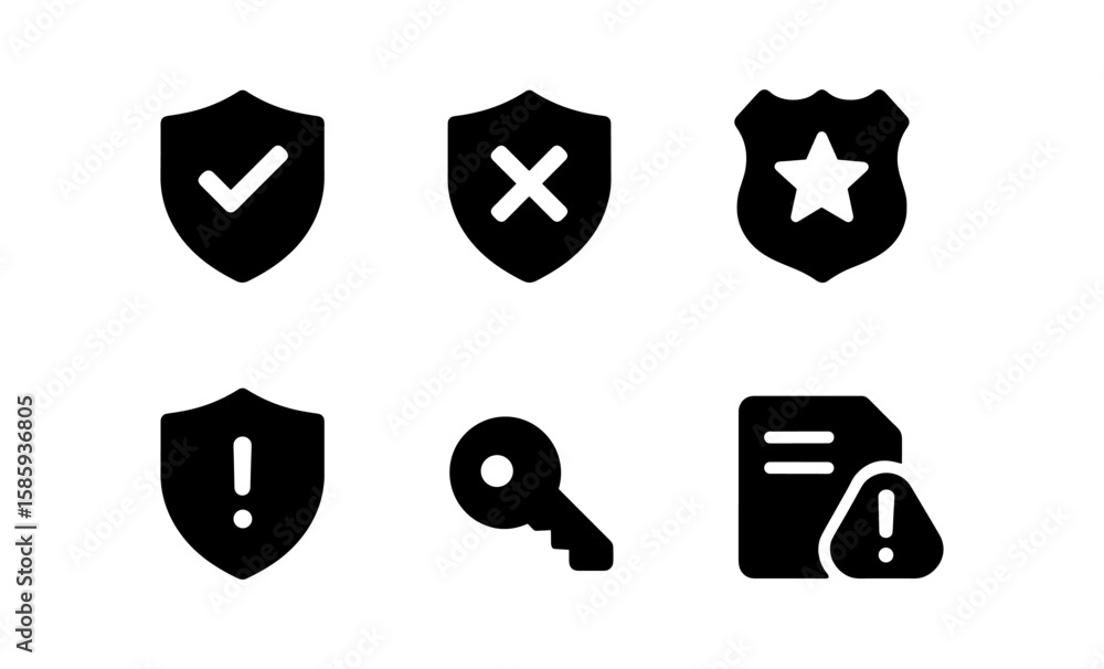 Poster security and alert icons: shield, key, and notification symbols for user interface design