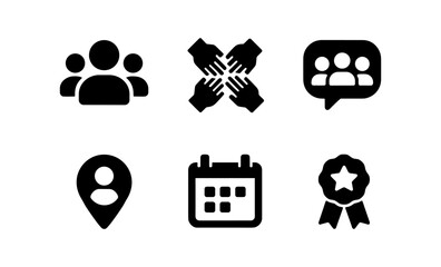 Flat icon set: teamwork, location, calendar, and award symbols