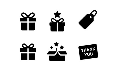 Fototapeta na wymiar Gift icon set featuring presents, tags, and thank you card in silhouette style