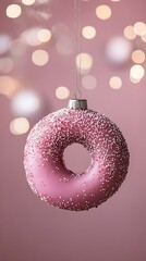 Donut Shaped Christmas Ornament with Pink Frosting and Sprinkles Against Bokeh Background