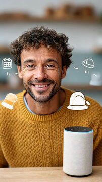 Engaging interaction with smart speaker: man smiling and accessing virtual assistant technology