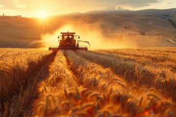 Harvesting wheat at sunset in golden fields with a combine harvester