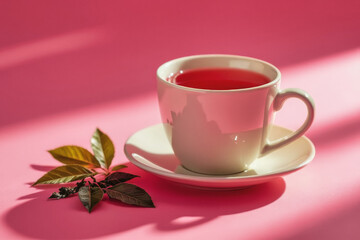 Fototapeta premium A white teacup filled with vibrant red liquid sits on a matching saucer, accompanied by a sprig of green leaves against a soft pink background.