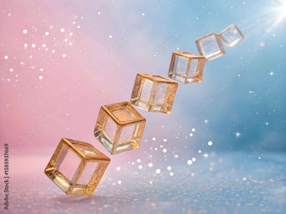 Poster a series of translucent golden cubes ascend diagonally against a soft pink and blue gradient backgro