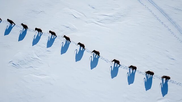 Aerial view of woolly mammoth herd walking across vast snowy tundra