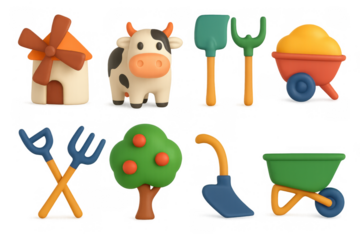 Colorful farm elements set in 3d cartoon style